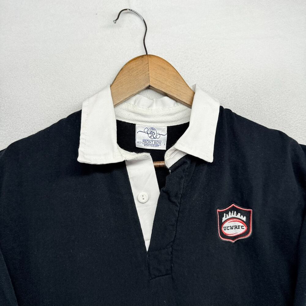 Vintage Front Row Rugby Shirt men's Large Black Embroidered Logo Heavyweight 90s